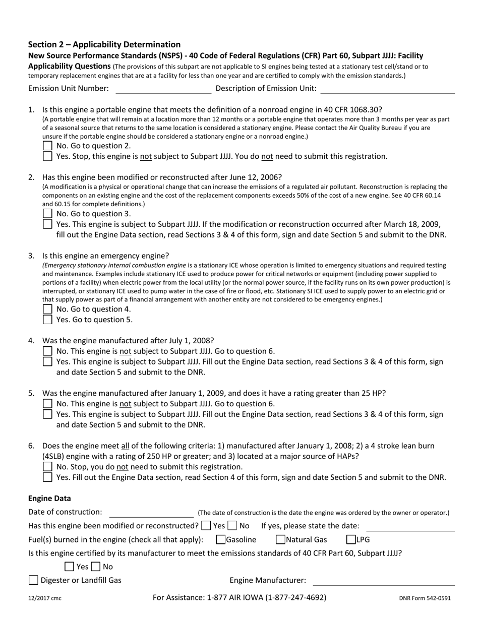 DNR Form 542-0591 Registration for Stationary Spark Ignition Internal Combustion Engines Less Than 400 Brake Horsepower - Iowa, Page 2