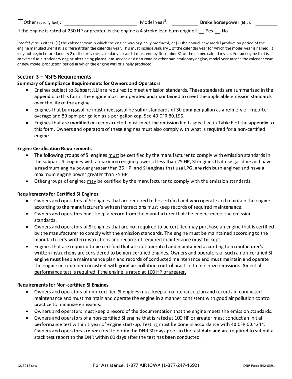 DNR Form 542-0591 Registration for Stationary Spark Ignition Internal Combustion Engines Less Than 400 Brake Horsepower - Iowa, Page 3