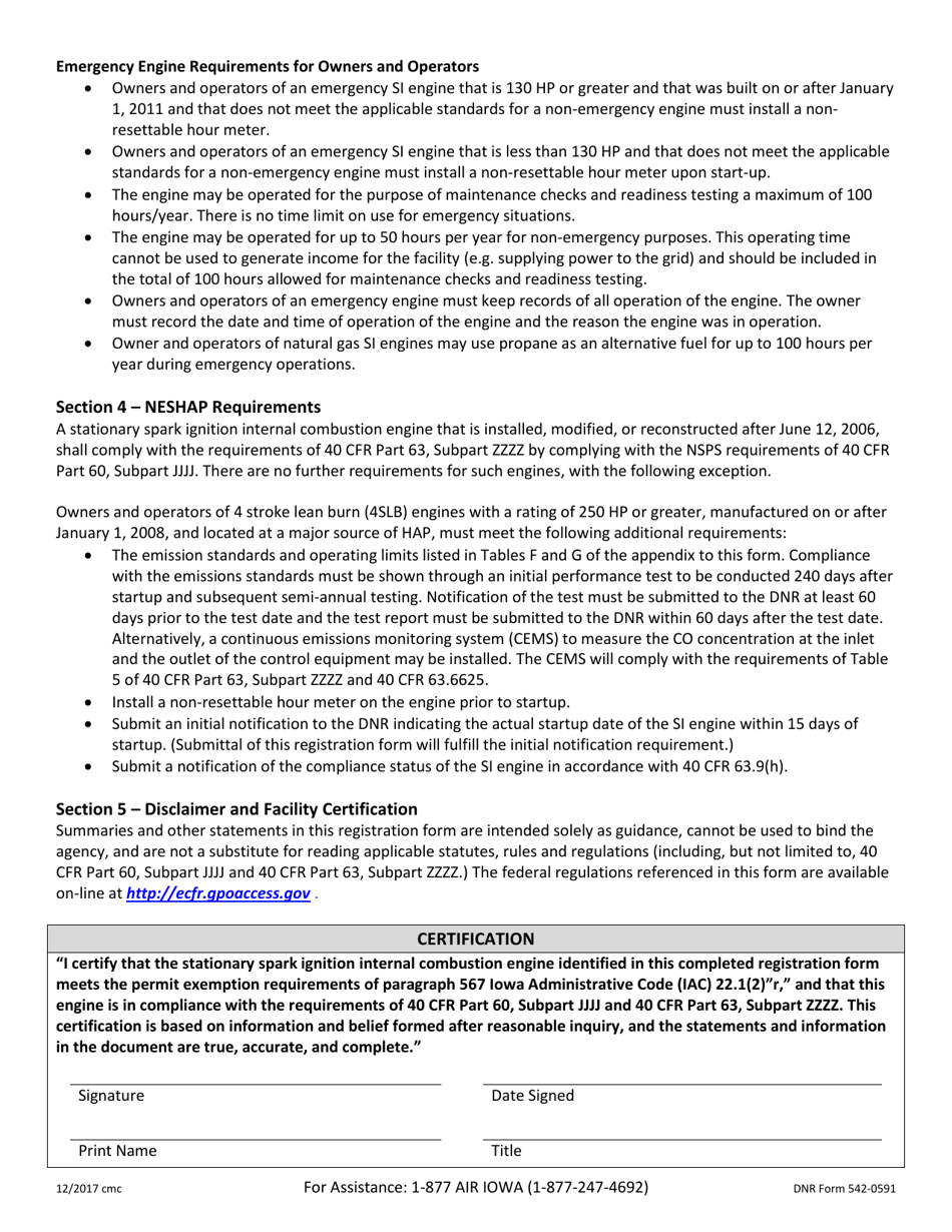 DNR Form 542-0591 Registration for Stationary Spark Ignition Internal Combustion Engines Less Than 400 Brake Horsepower - Iowa, Page 4