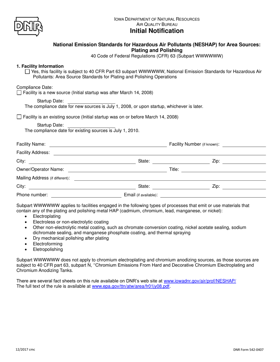 DNR Form 542-0407 Initial Notification - National Emission Standards for Hazardous Air Pollutants (Neshap) for Area Sources: Plating and Polishing - Iowa, Page 1