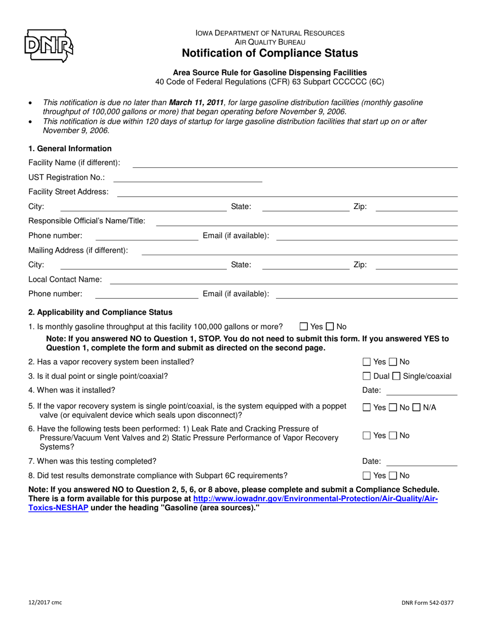 DNR Form 542-0377 Notification of Compliance Status - Iowa, Page 1