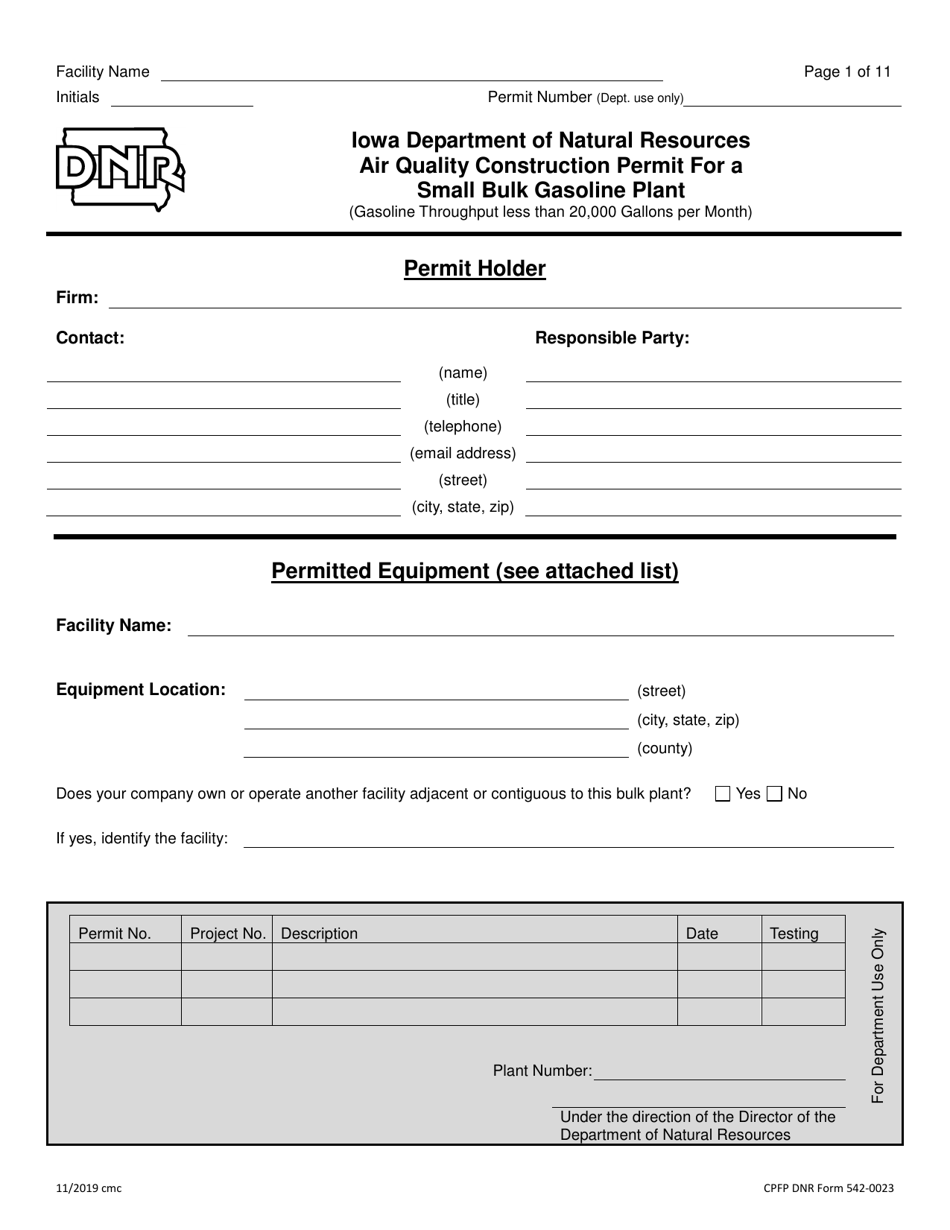 DNR Form 542-0023 Air Quality Construction Permit for a Small Bulk Gasoline Plant - Iowa, Page 1