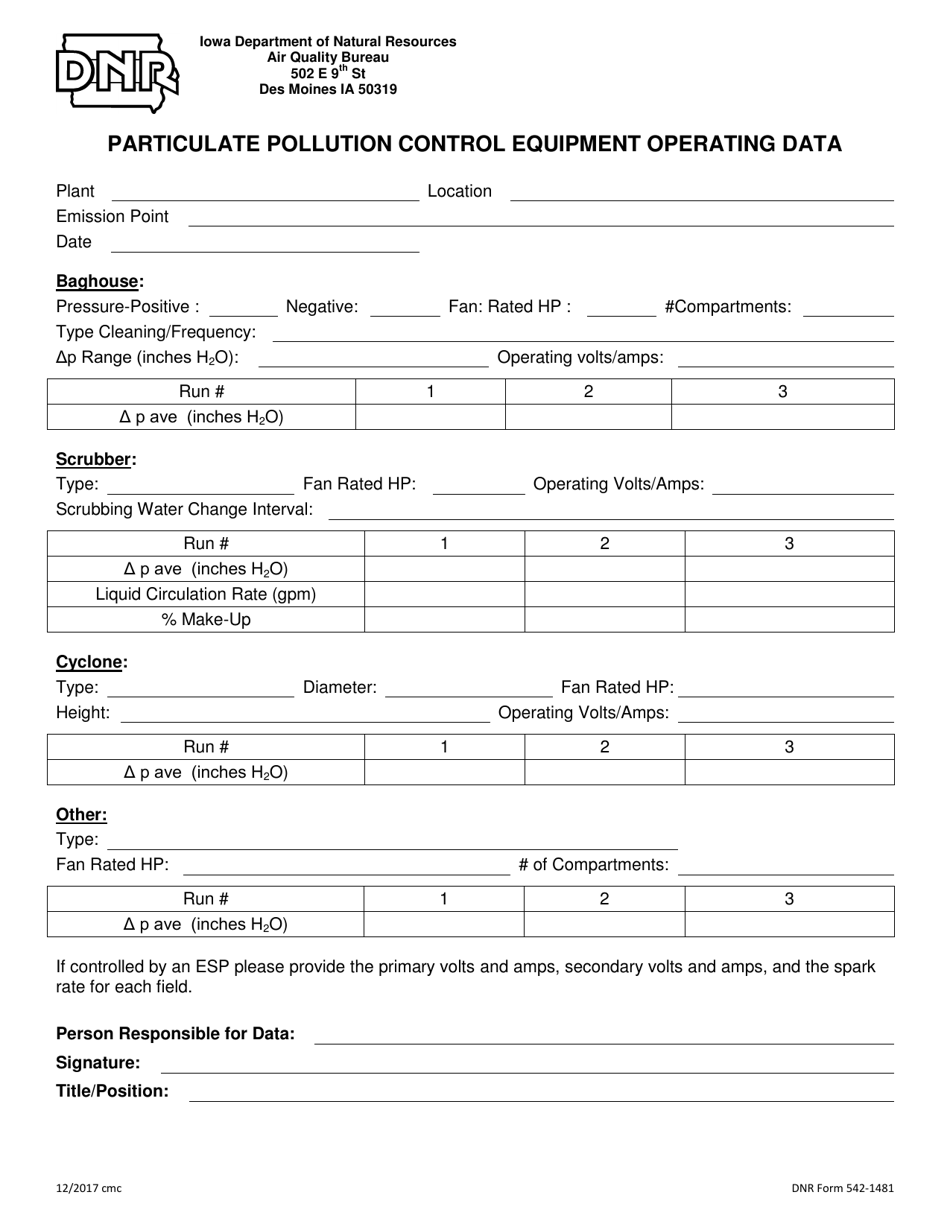 DNR Form 542-1481 Particulate Pollution Control Equipment Operating Data - Iowa, Page 1