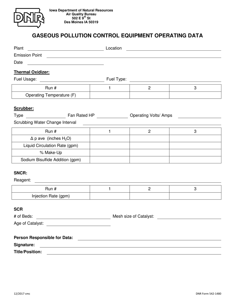 DNR Form 542-1480 Gaseous Pollution Control Equipment Operating Data - Iowa, Page 1