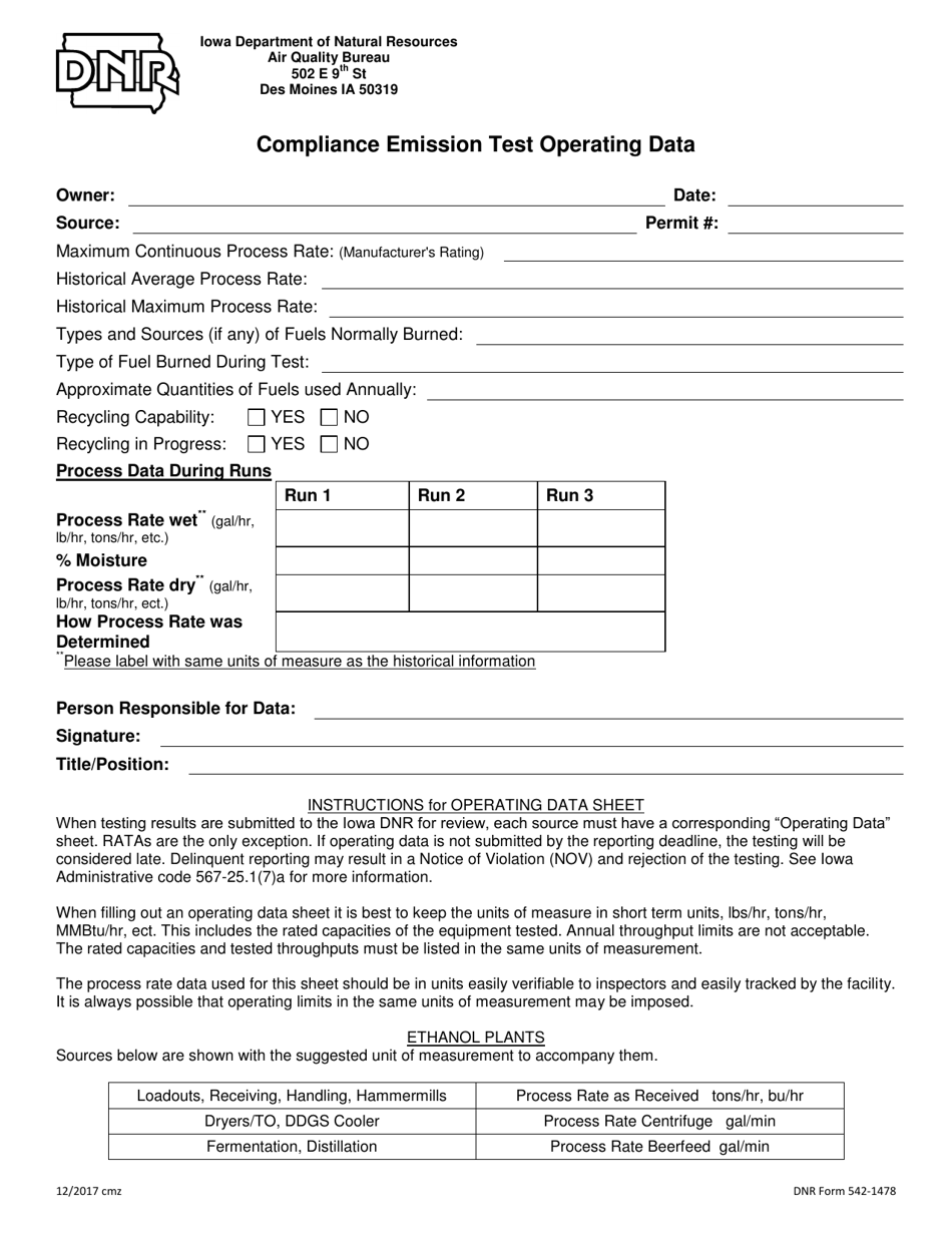 DNR Form 542-1478 Compliance Emission Test Operating Data - Iowa, Page 1