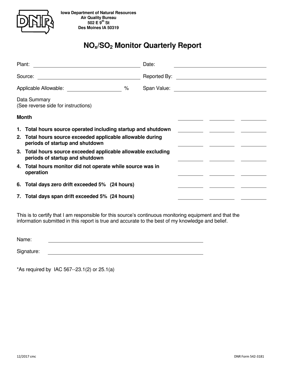 DNR Form 542-3181 Nox / So2 Monitor Quarterly Report - Iowa, Page 1