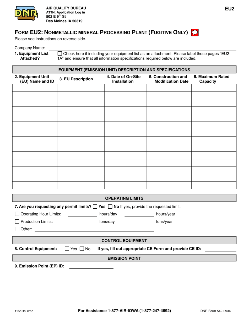 Form EU2 (DNR Form 542-0934) Nonmetallic Mineral Processing Plant (Fugitive Only) - Iowa, Page 1