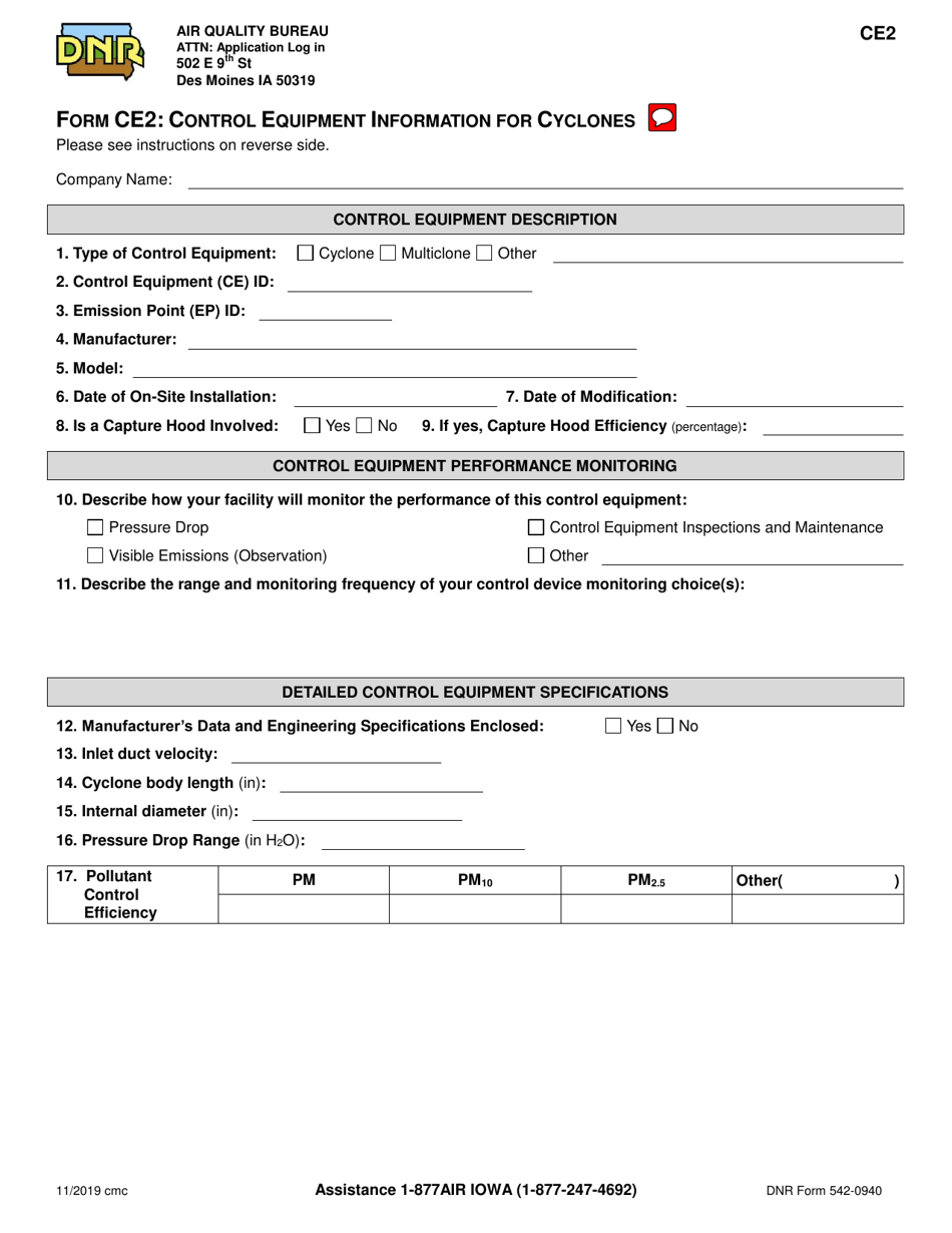 Form CE2 (DNR Form 542-0940) Control Equipment Information for Cyclones - Iowa, Page 1