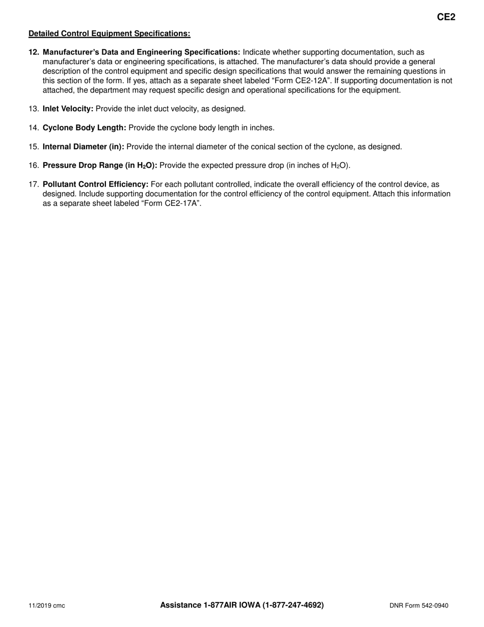 Form CE2 (DNR Form 542-0940) Control Equipment Information for Cyclones - Iowa, Page 3