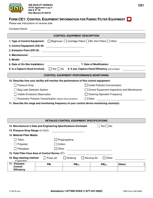 Form CE1 (DNR Form 542-0939) Control Equipment Information for Fabric Filter Equipment - Iowa