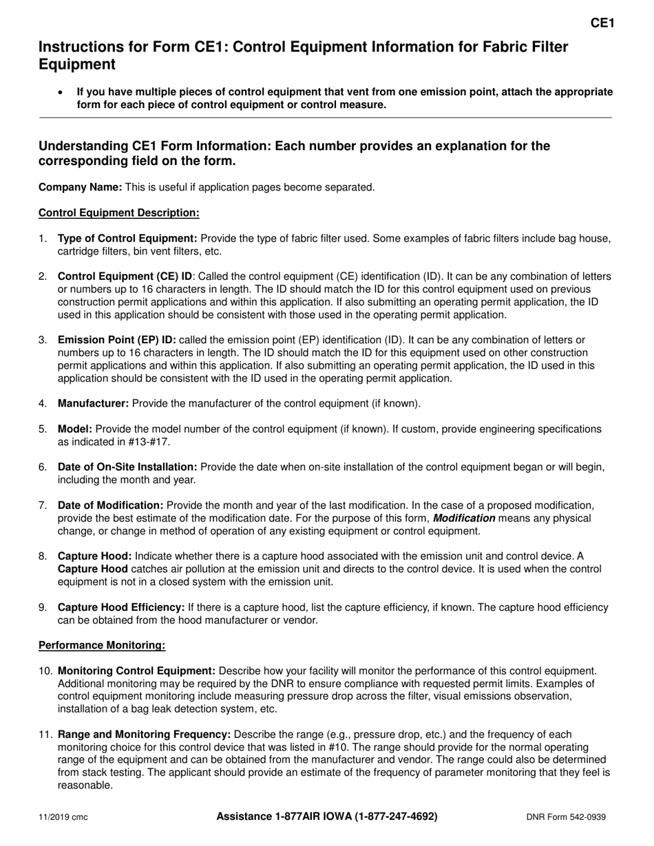 Form CE1 (DNR Form 542-0939) Control Equipment Information for Fabric Filter Equipment - Iowa, Page 2