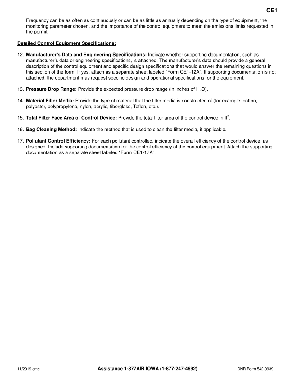 Form CE1 (DNR Form 542-0939) Control Equipment Information for Fabric Filter Equipment - Iowa, Page 3