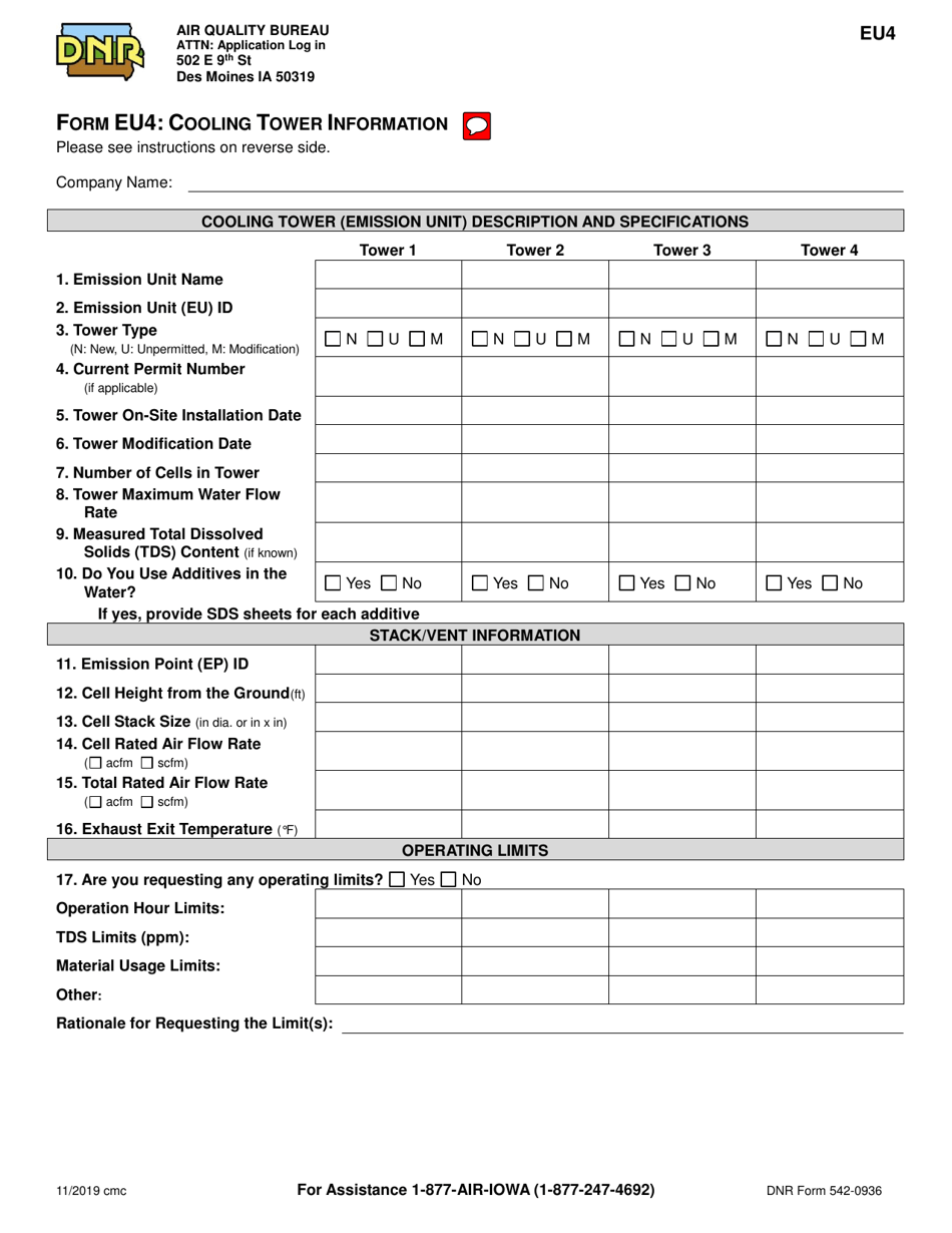 Form EU4 (DNR Form 542-0936) Cooling Tower Information - Iowa, Page 1
