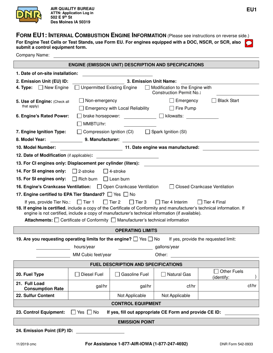 Form EU1 (DNR Form 542-0933) Internal Combustion Engine Information - Iowa, Page 1