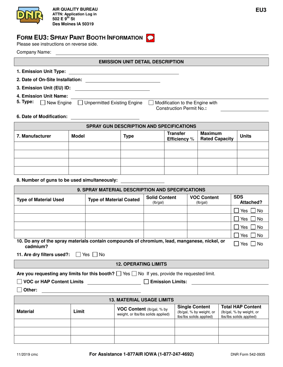 Form EU3 (DNR Form 542-0935) Spray Paint Booth Information - Iowa, Page 1