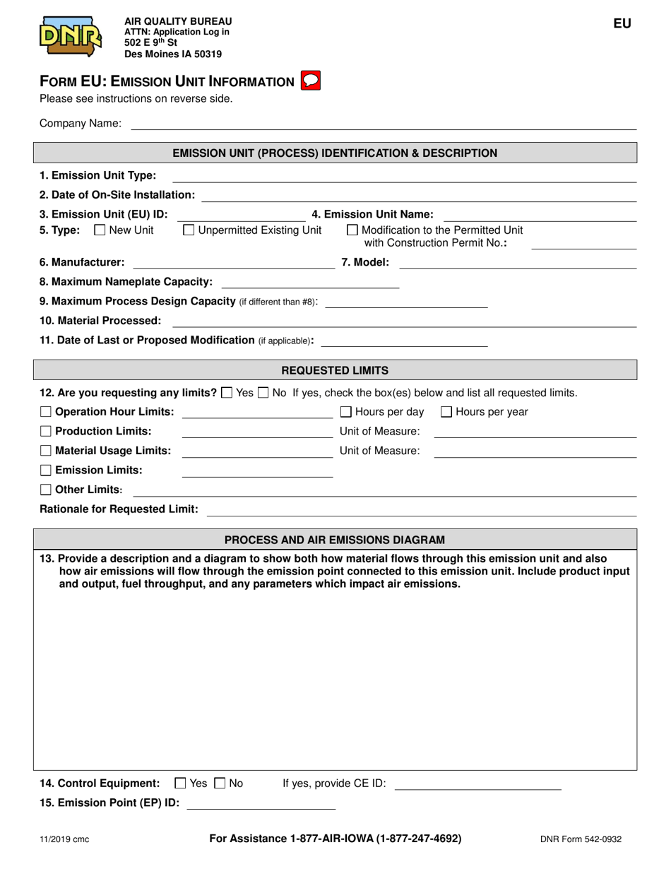 Form EU (DNR Form 542-0932) Emission Unit Information - Iowa, Page 1