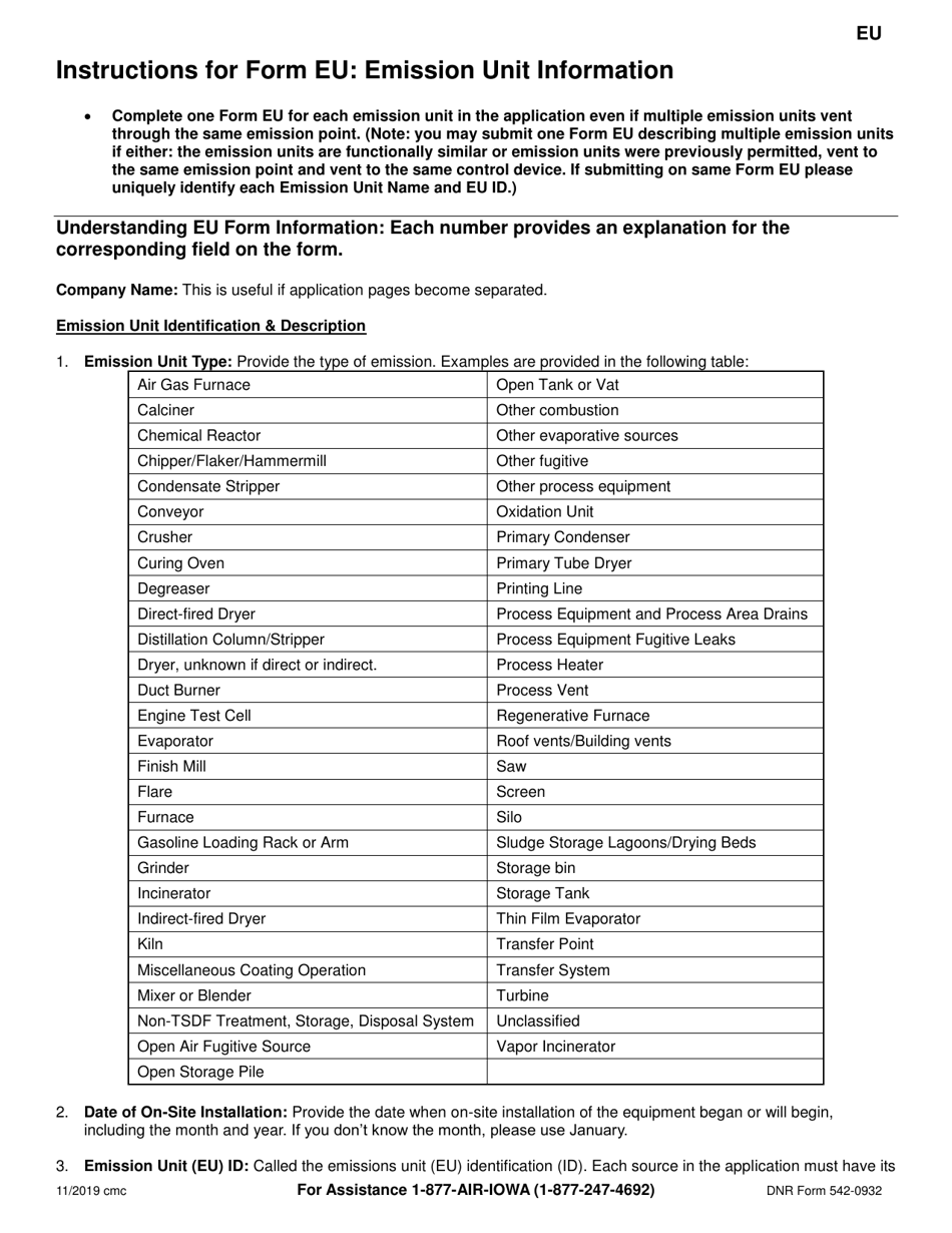 Form EU (DNR Form 542-0932) Emission Unit Information - Iowa, Page 2