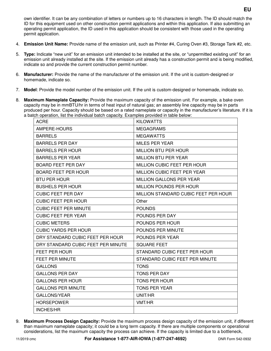 Form EU (DNR Form 542-0932) Emission Unit Information - Iowa, Page 3