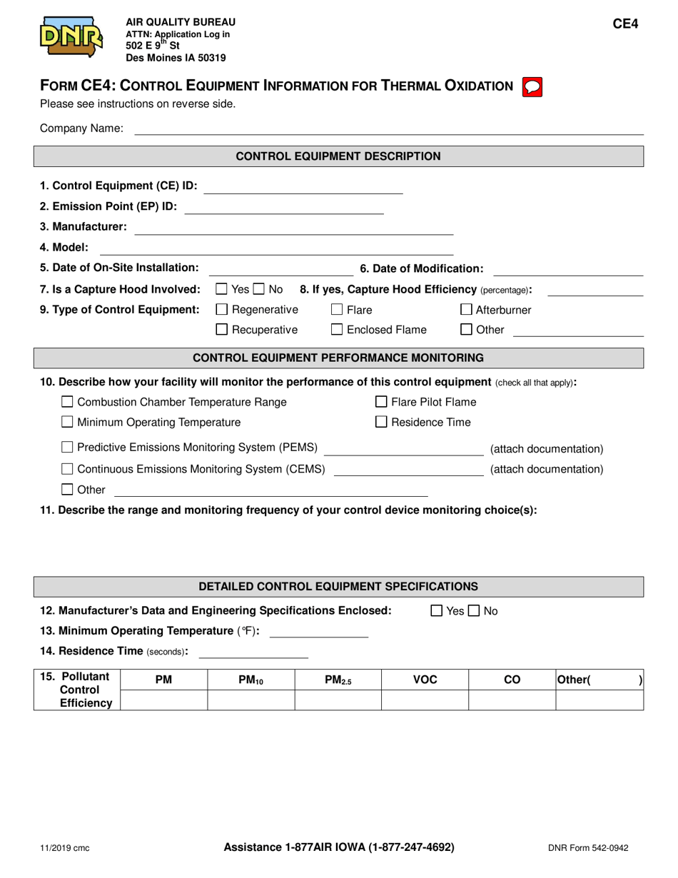 Form CE4 (DNR Form 542-0942) Control Equipment Information for Thermal Oxidation - Iowa, Page 1