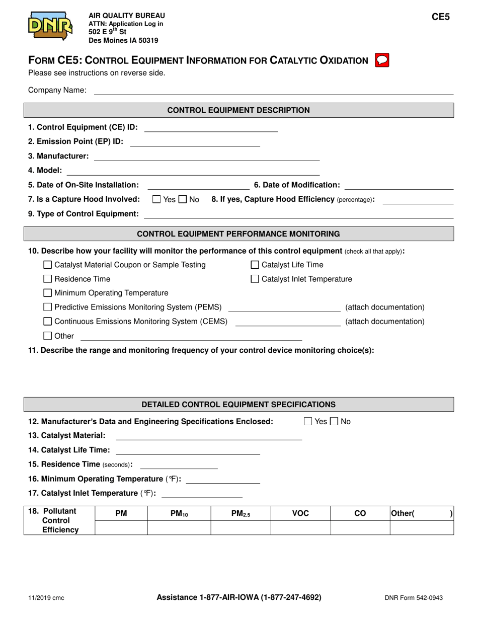 Form CE5 (DNR Form 542-0943) Control Equipment Information for Catalytic Oxidation - Iowa, Page 1