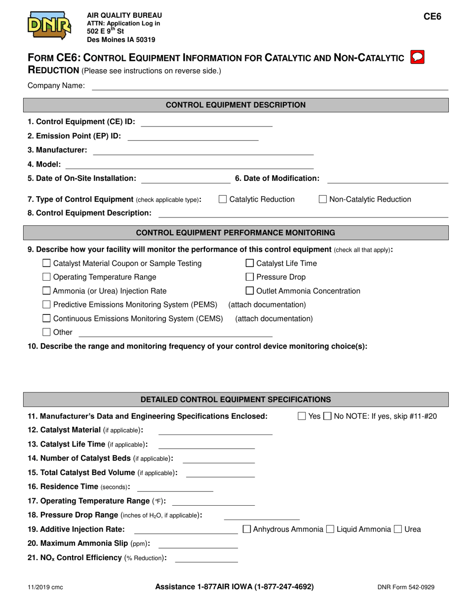 Form CE6 (DNR Form 542-0929) Control Equipment Information for Catalytic and Non-catalytic Reduction - Iowa, Page 1