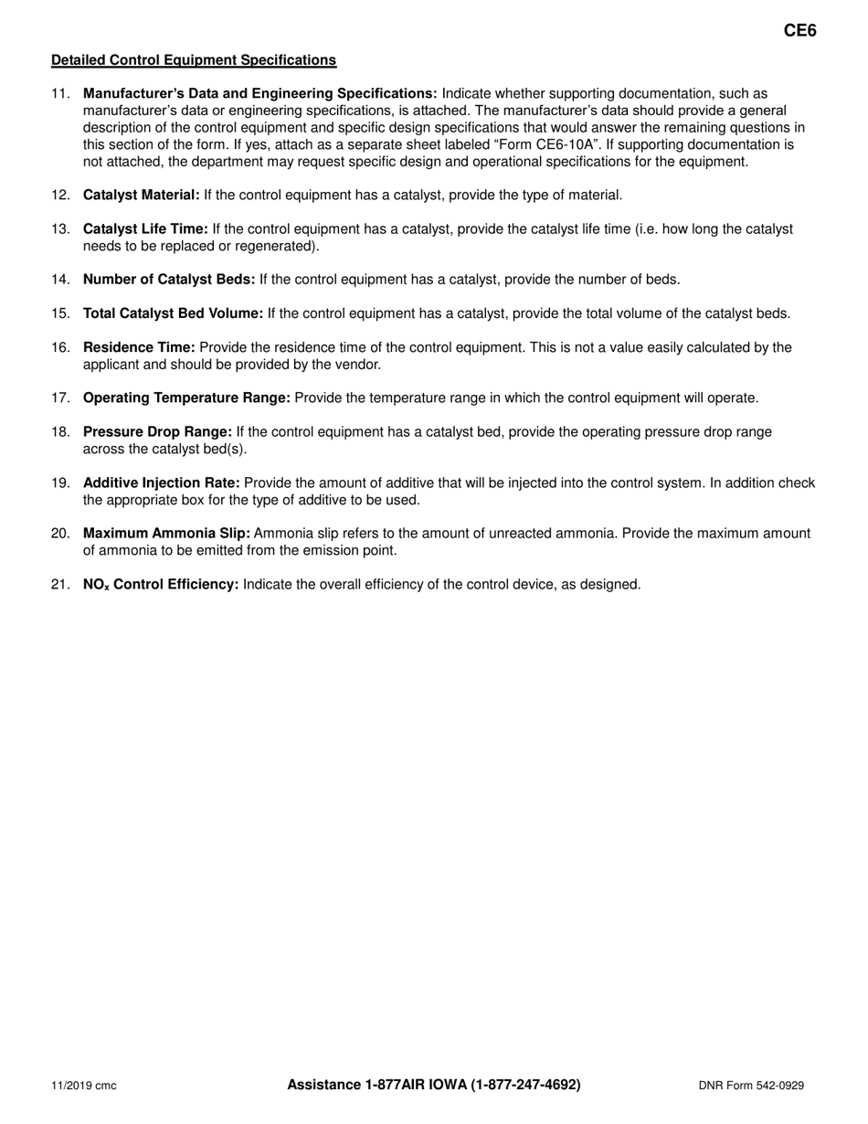 Form CE6 (DNR Form 542-0929) Control Equipment Information for Catalytic and Non-catalytic Reduction - Iowa, Page 3