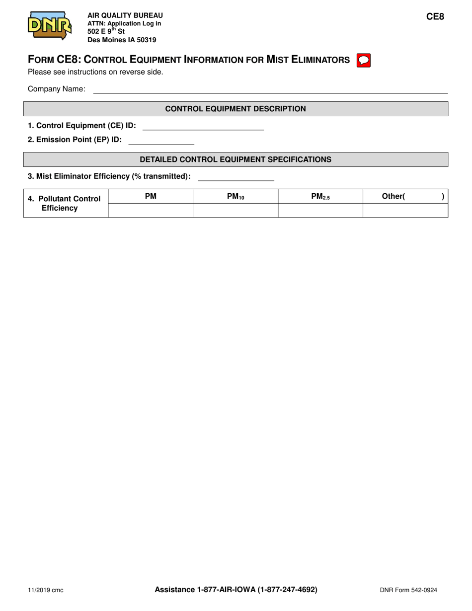 Form CE8 (DNR Form 542-0924) Control Equipment Information for Mist Eliminators - Iowa, Page 1