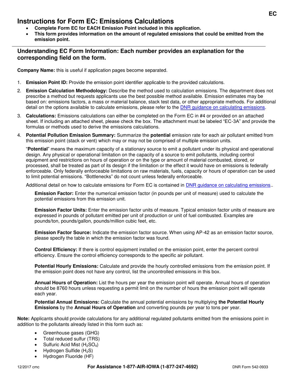 Form EC (DNR Form 542-0945) Emission Calculations - Iowa, Page 2