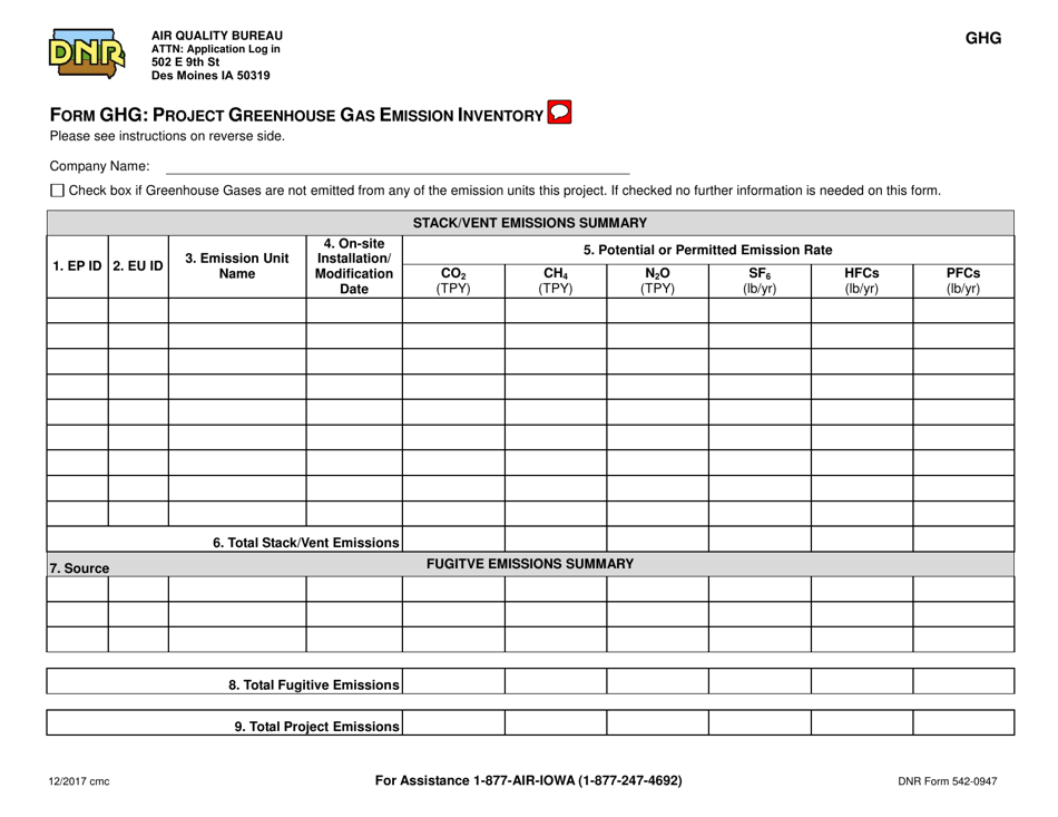 Form GHG (DNR Form 542-0947) Project Greenhouse Gas Emission Inventory - Iowa, Page 1