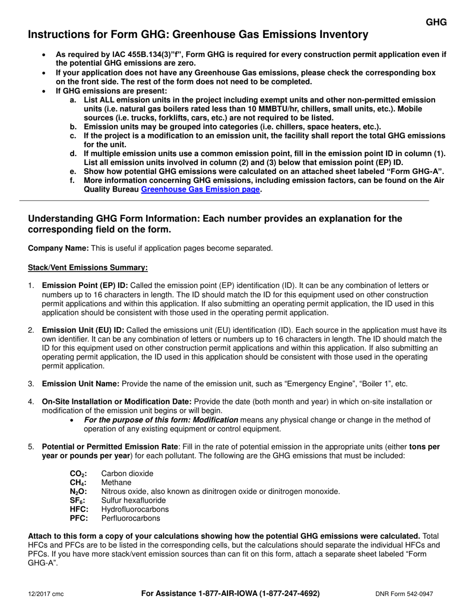 Form GHG (DNR Form 542-0947) Project Greenhouse Gas Emission Inventory - Iowa, Page 2