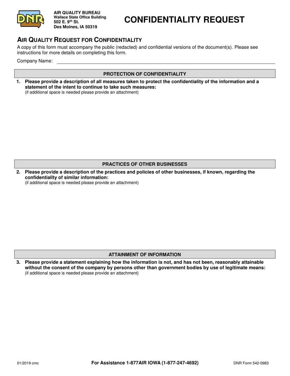DNR Form 542-0983 Air Quality Request for Confidentiality - Iowa, Page 1