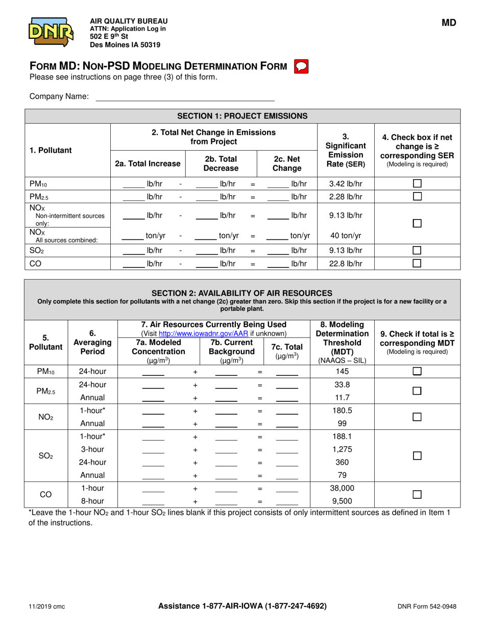 Form MD (DNR Form 542-0948) Non-psd Modeling Determination Form - Iowa, Page 1