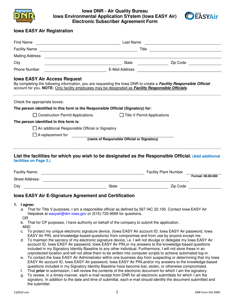 DNR Form 542-0985 Iowa Environmental Application System (Iowa Easy Air) Electronic Subscriber Agreement Form - Iowa, Page 1