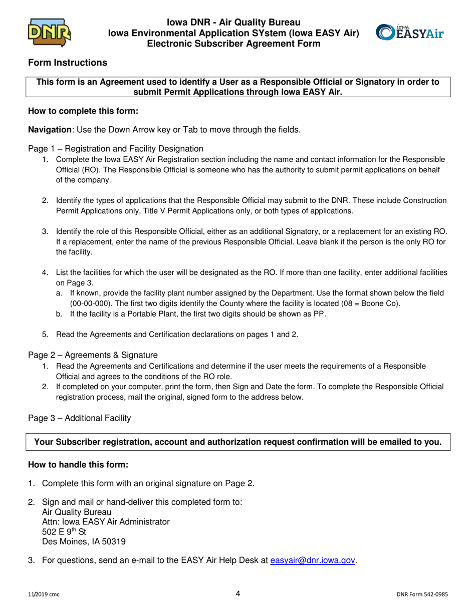 DNR Form 542-0985 Iowa Environmental Application System (Iowa Easy Air) Electronic Subscriber Agreement Form - Iowa, Page 4