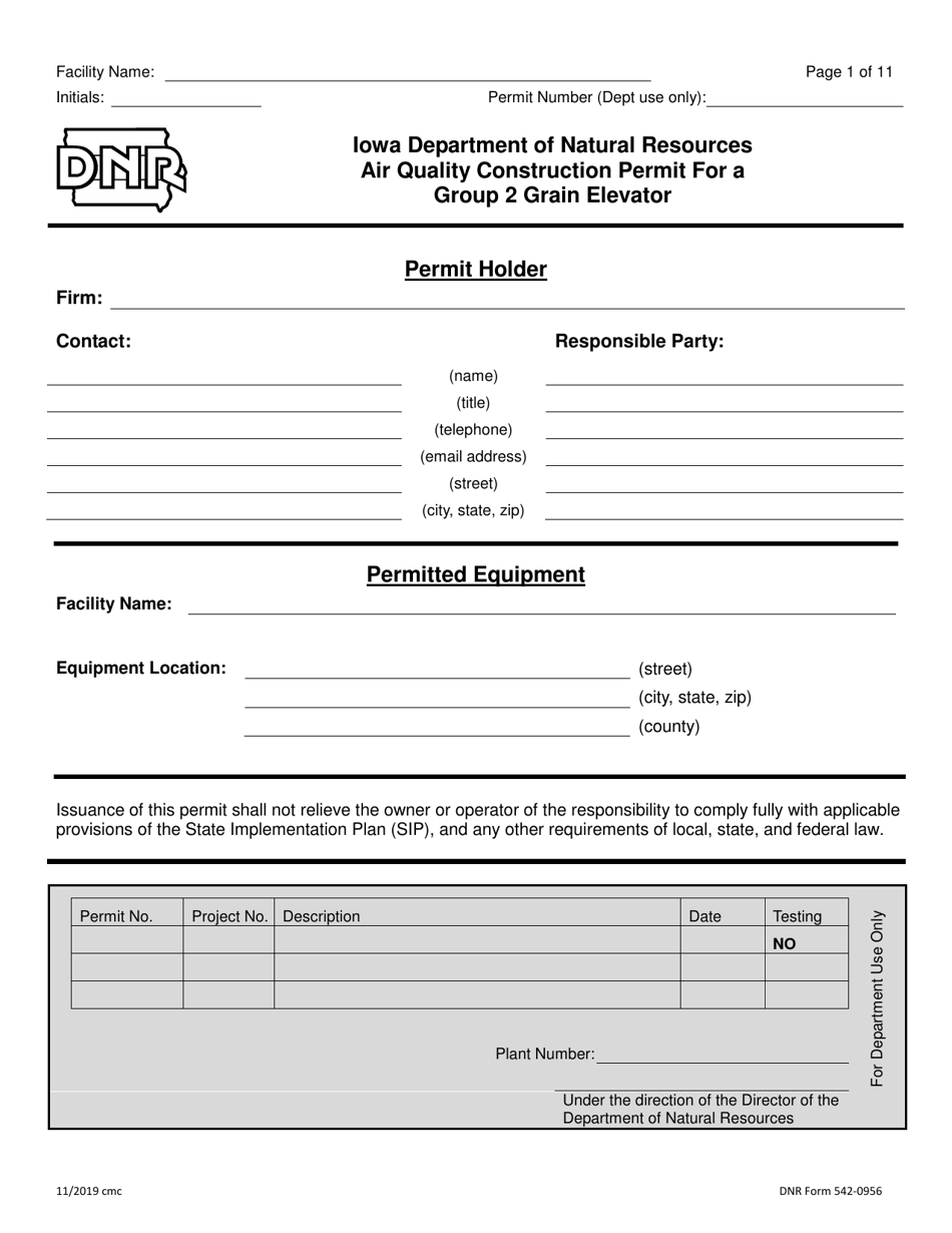 DNR Form 542-0955 Air Quality Construction Permit for a Group 2 Grain Elevator - Iowa, Page 1