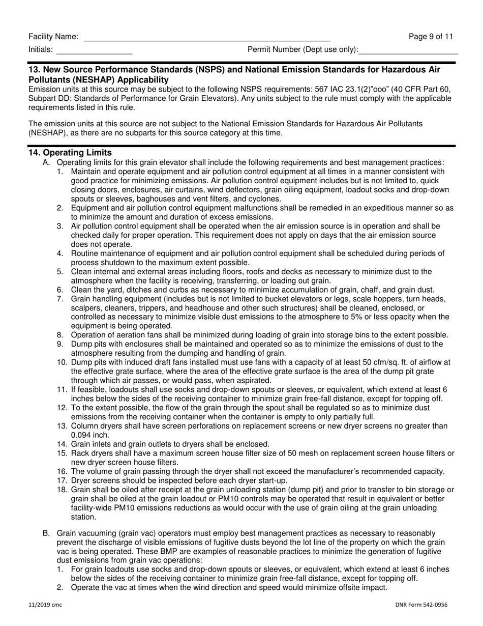 DNR Form 542-0955 Air Quality Construction Permit for a Group 2 Grain Elevator - Iowa, Page 9