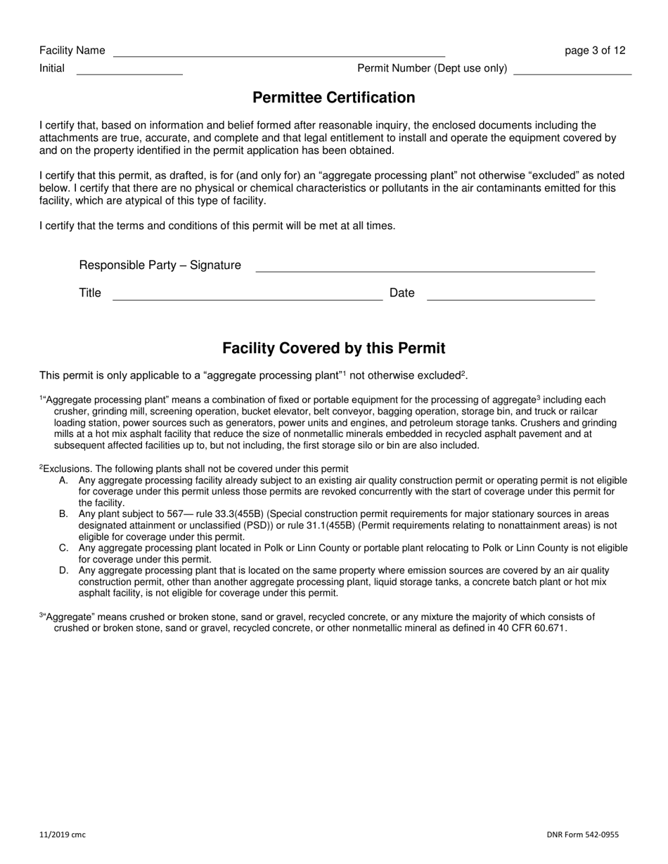 DNR Form 542-0955 Air Quality Construction Permit for an Aggregate Processing Plant - Iowa, Page 3