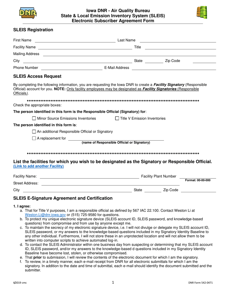 DNR Form 542-0471 State  Local Emission Inventory System (Sleis) Electronic Subscriber Agreement Form - Iowa, Page 1