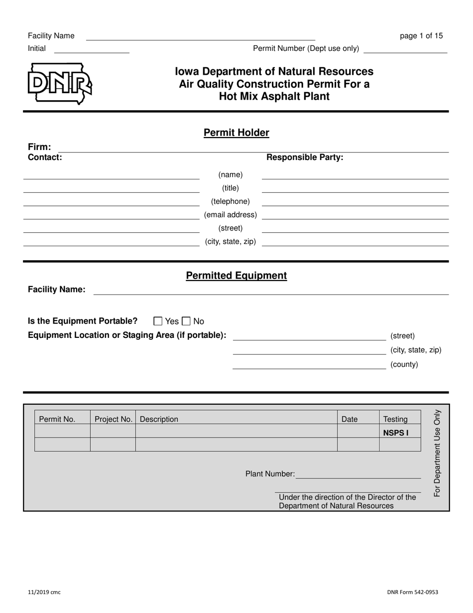 DNR Form 542-0953 Air Quality Construction Permit for a Hot Mix Asphalt Plant - Iowa, Page 1