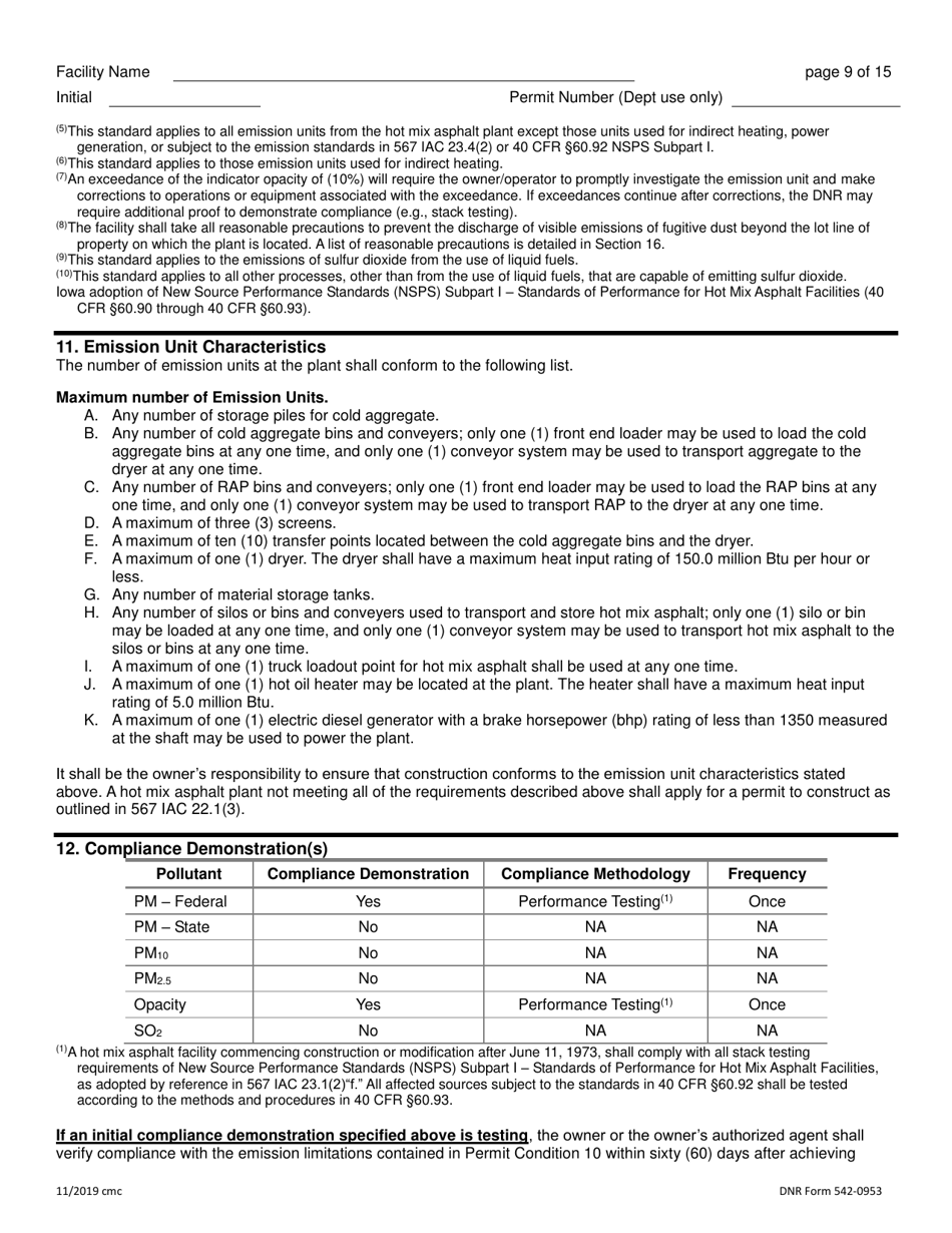 DNR Form 542-0953 Air Quality Construction Permit for a Hot Mix Asphalt Plant - Iowa, Page 9