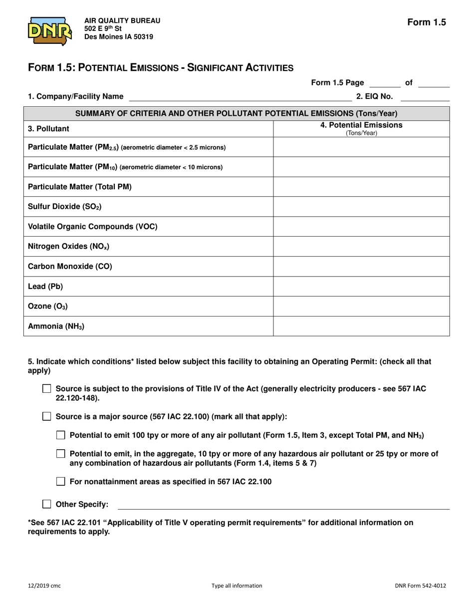 Form 1.5 (DNR Form 542-4012) Potential Emissions - Significant Activities - Iowa, Page 1