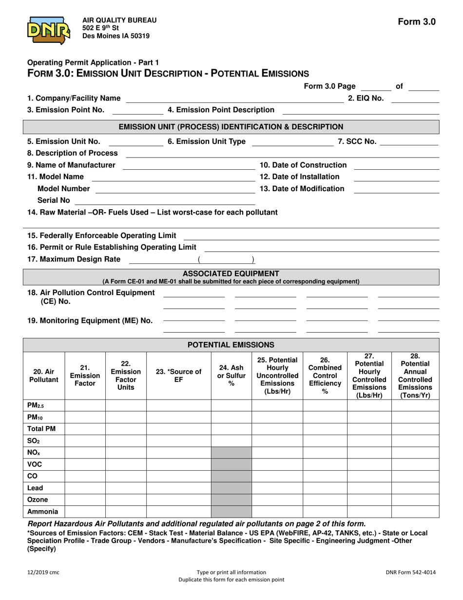 Form 3.0 (DNR Form 542-4014) Part 1 Emission Unit Description - Potential Emissions - Iowa, Page 1