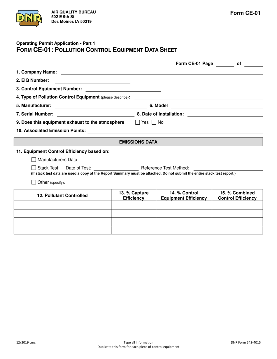 Form CE-01 (DNR Form 542-4015) Part 1 Pollution Control Equipment Data Sheet - Iowa, Page 1