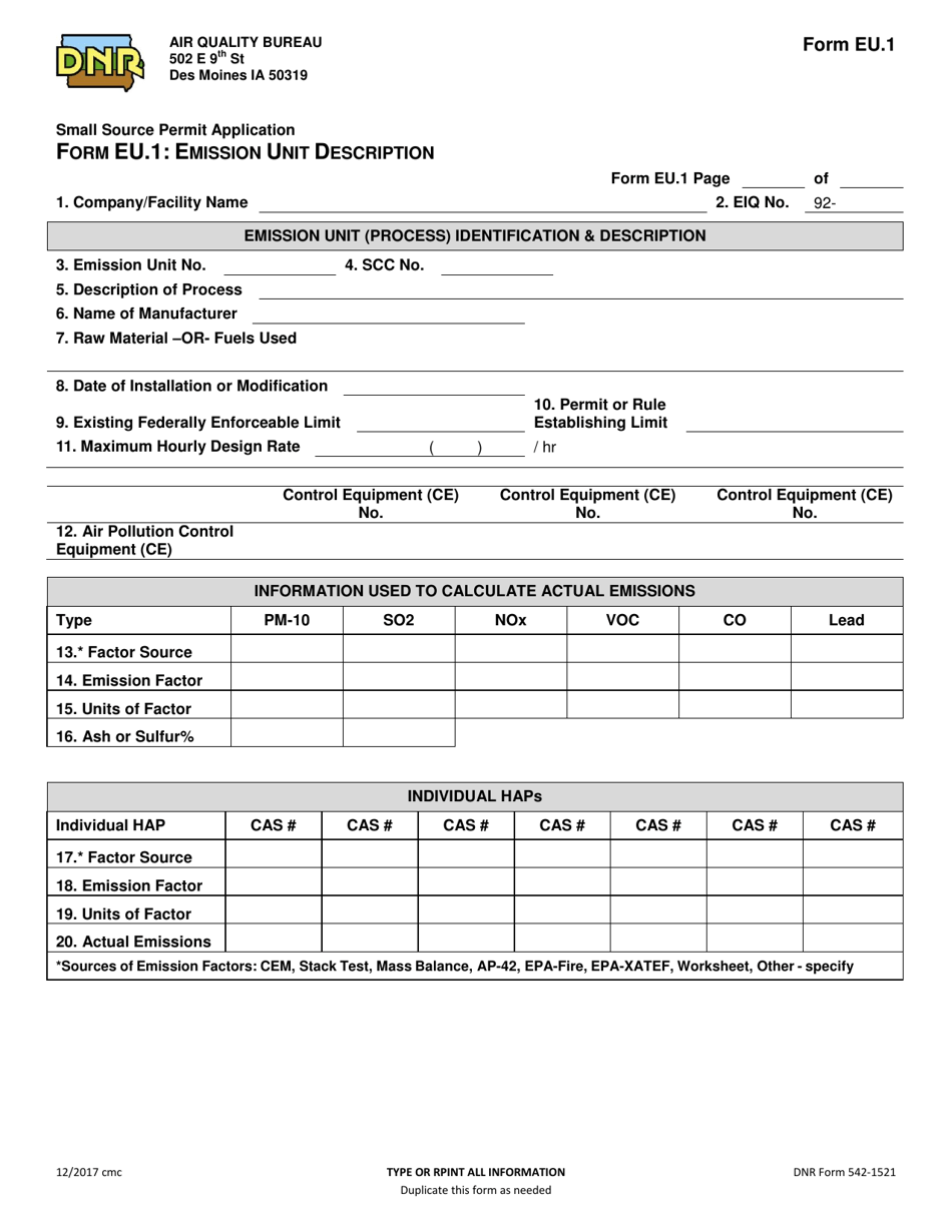 Form EU.1 (DNR Form 542-1521) Emission Unit Description - Iowa, Page 1