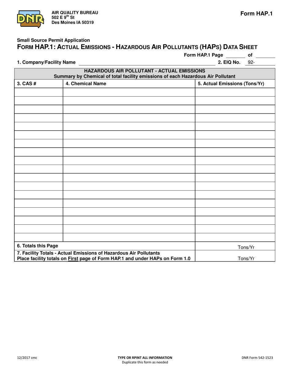 Form HAP.1 (DNR Form 542-1523) Actual Emissions - Hazardous Air Pollutants (Haps) Data Sheet - Iowa, Page 1