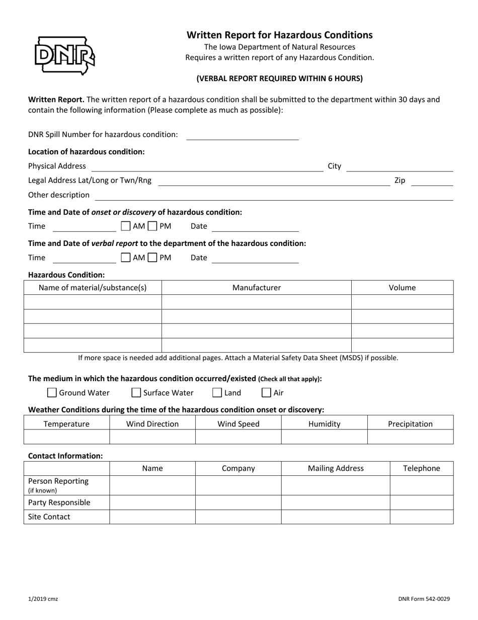 DNR Form 542-0029 Written Report for Hazardous Conditions - Iowa, Page 1