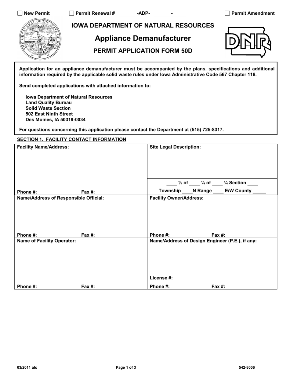 Form 50D (DNR Form 542-8006) Appliance Demanufacturer Permit Application - Iowa, Page 1