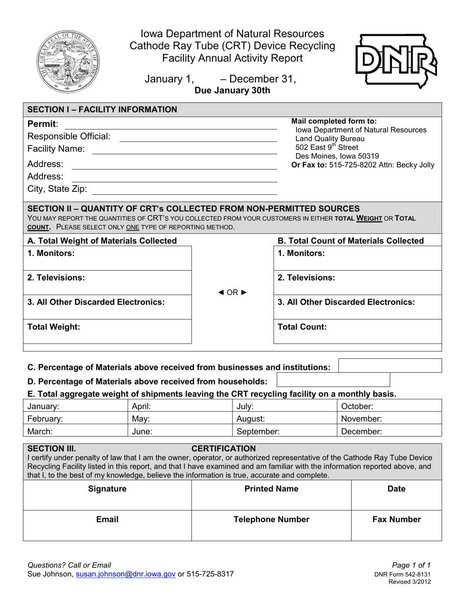 DNR Form 542-8131 Cathode Ray Tube (Crt) Device Recycling Facility Annual Activity Report - Iowa, Page 1