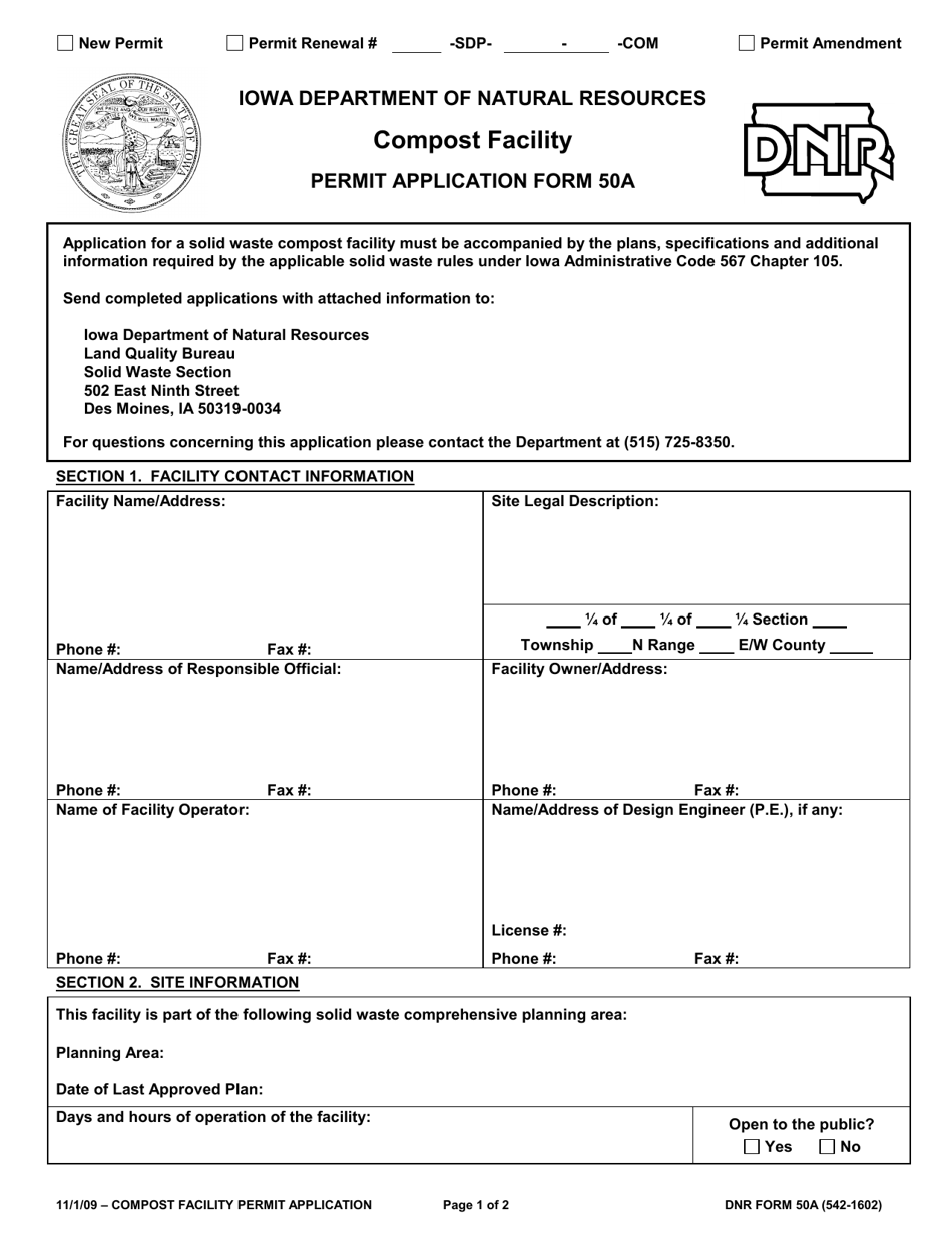 Form 50A (DNR Form 542-1602) Compost Facility Permit Application Form - Iowa, Page 1