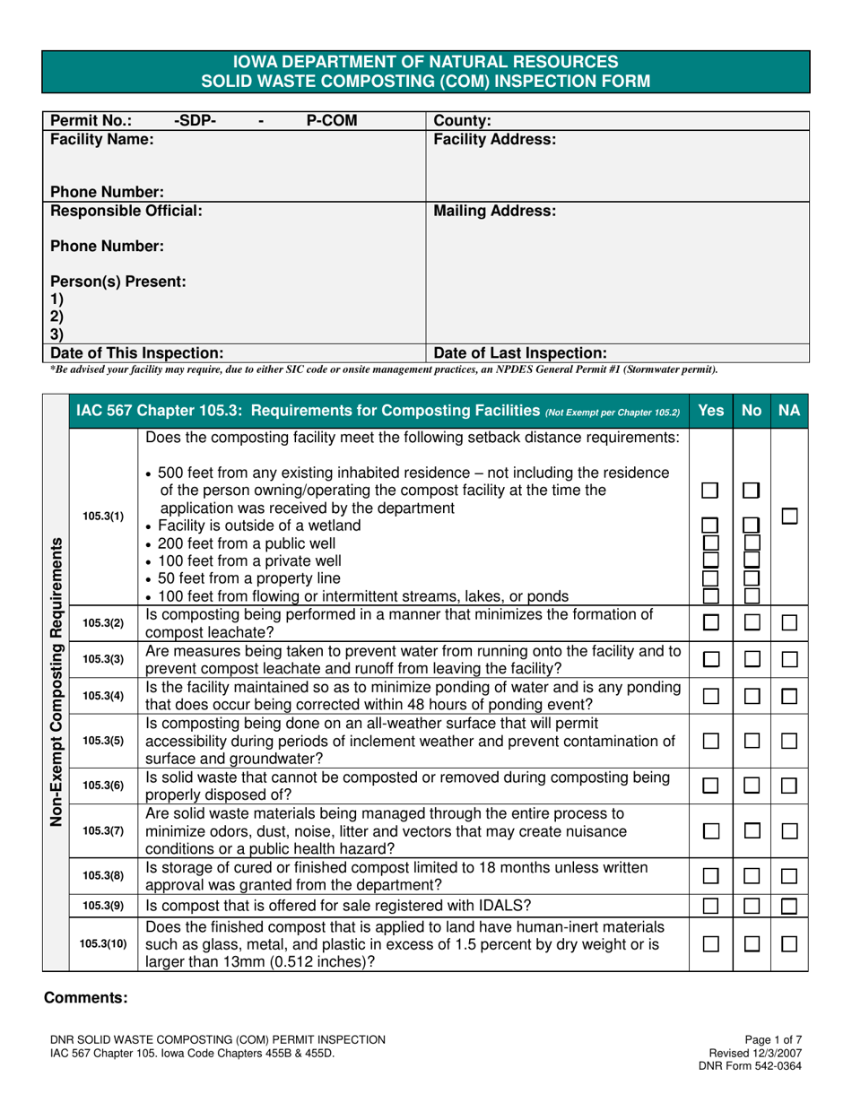 DNR Form 542-0364 Solid Waste Composting (Com) Inspection Form - Iowa, Page 1